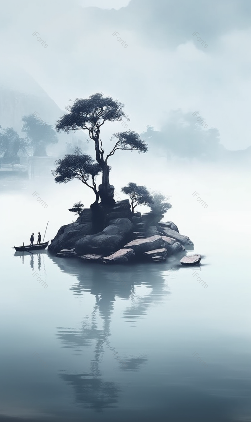 浓雾大树小船水面涟漪倒影山水,插画/手绘图,插画/手绘图库,插画/手绘图下载,插画/手绘
